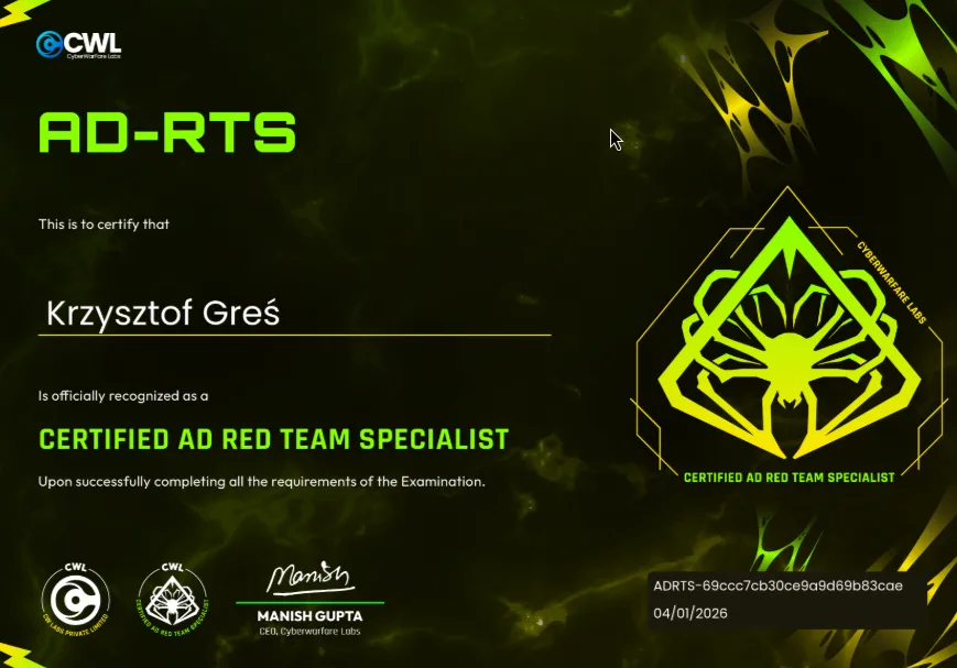 Cyberwarfare Labs - Active Directory Red Team Specialist (AD-RTS)